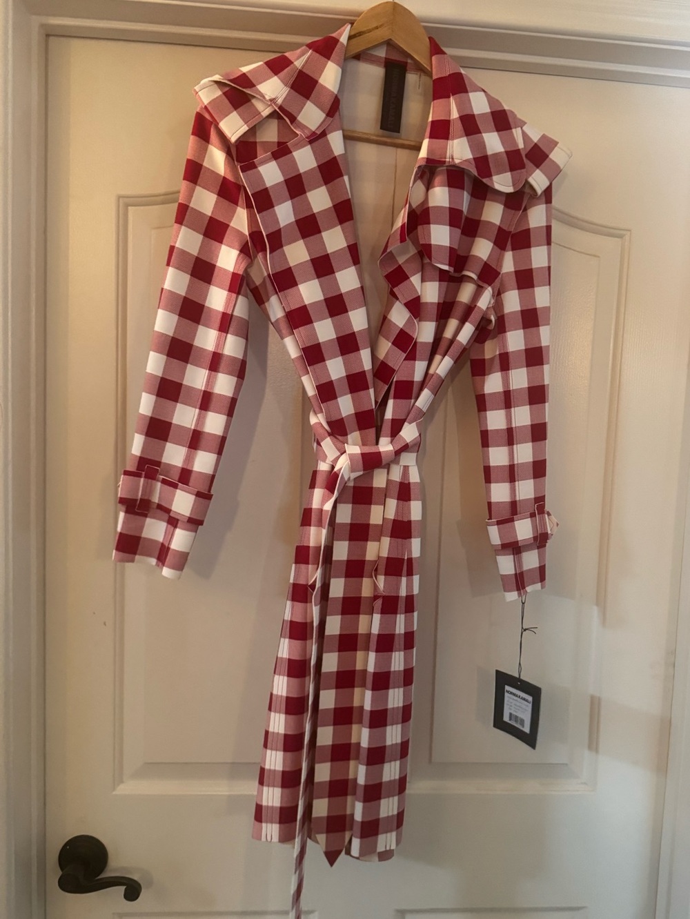 Norma Kamali Red and White Gingham Trench Coat